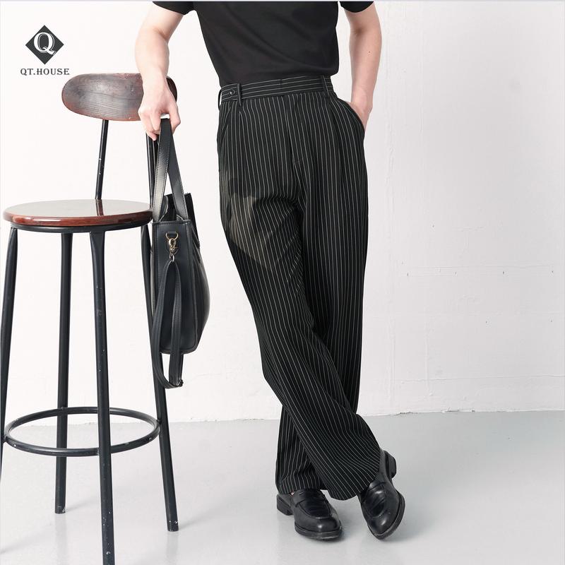 Quần Âu Nam Dáng Suông Kẻ Sọc QTHOUSE Ống Rộng Cạp Cao Form Wide Leg Hack Dáng, Che Khuyết Điểm Chân, Vải Cotton Dệt Mật Độ Cao Dày Mềm Chống Nhăn Tốt- QTA07