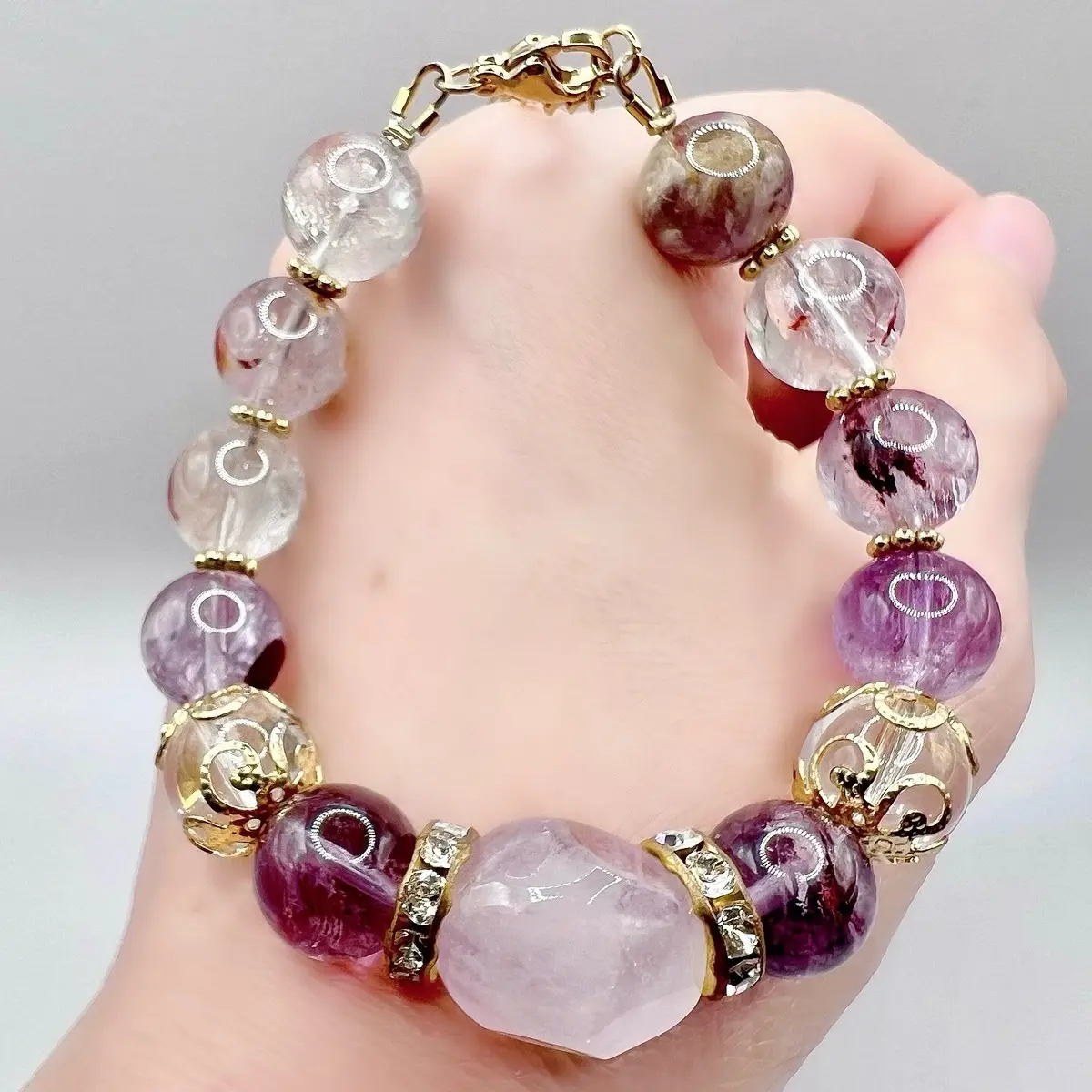 Purple Phantom Quartz, Amethyst, and Clear Quartz Bracelet for Growth and Emotional Well-Being * High grade Purple Phantom Quartz beads from Brazil * Fits all wrist sizes