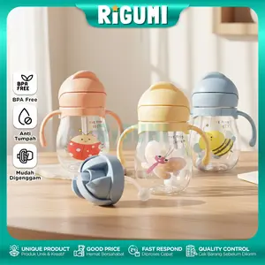 Botol Minum Bayi 280 ML BPA Free Anti Tumpah Training Cup Anak Sedotan Silikon Food Grade dengan Handle Ganda Untuk Belajar Minum