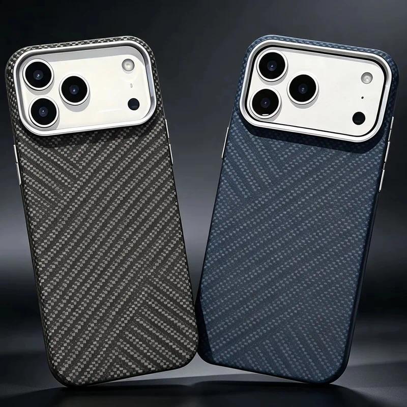 Kevlar Aramid Fiber Magnetic Case For iPhone 18 Pro Max / 17 Pro Shadow Carbon Fiber Wireless Charging Phone Cover