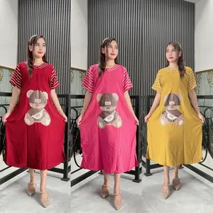 Daster Hii Bear Lengan Salur Karakter Viral LD 120 Rayon Premium Kekinian Dress Kombinasi Wanita Bumil Busui Nyaman Santai Katun Cantik Motif