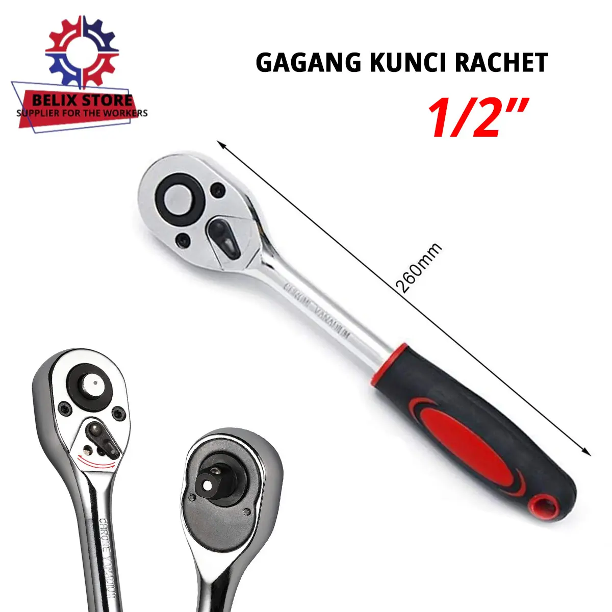 Gagang Kunci Rachet 1/2" Handle Socket Wrench Mata Kunci Sock Stang Socket Otomatis Chrome CR-V