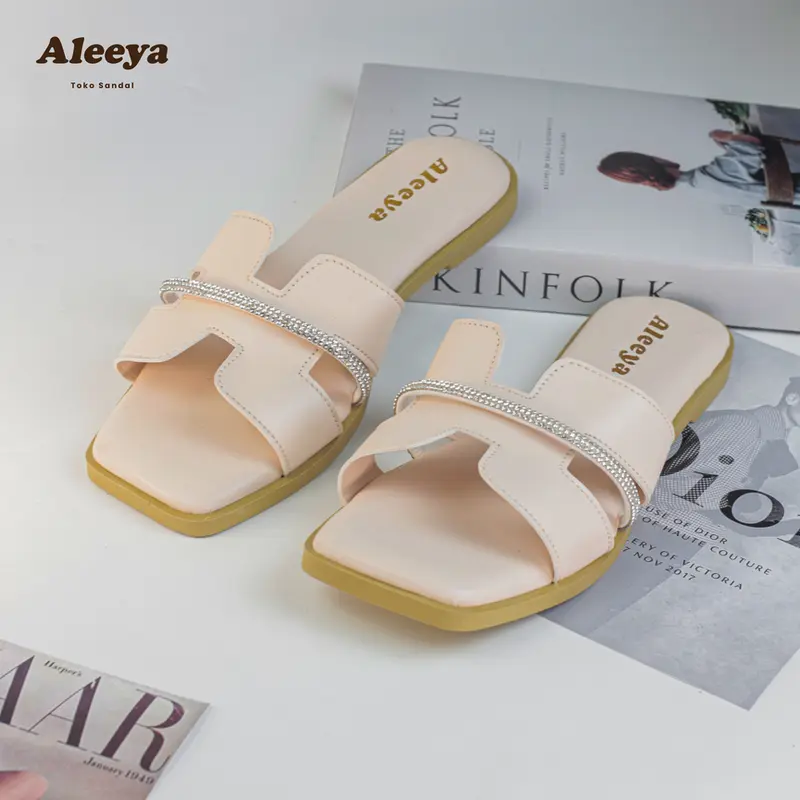 Aleeya - sendal LEEYA01 by Aleeya sendal kekinian wanita sendal slop empuk flat tali permata sendal elegan wanita terbaru Sandal Cewek 5