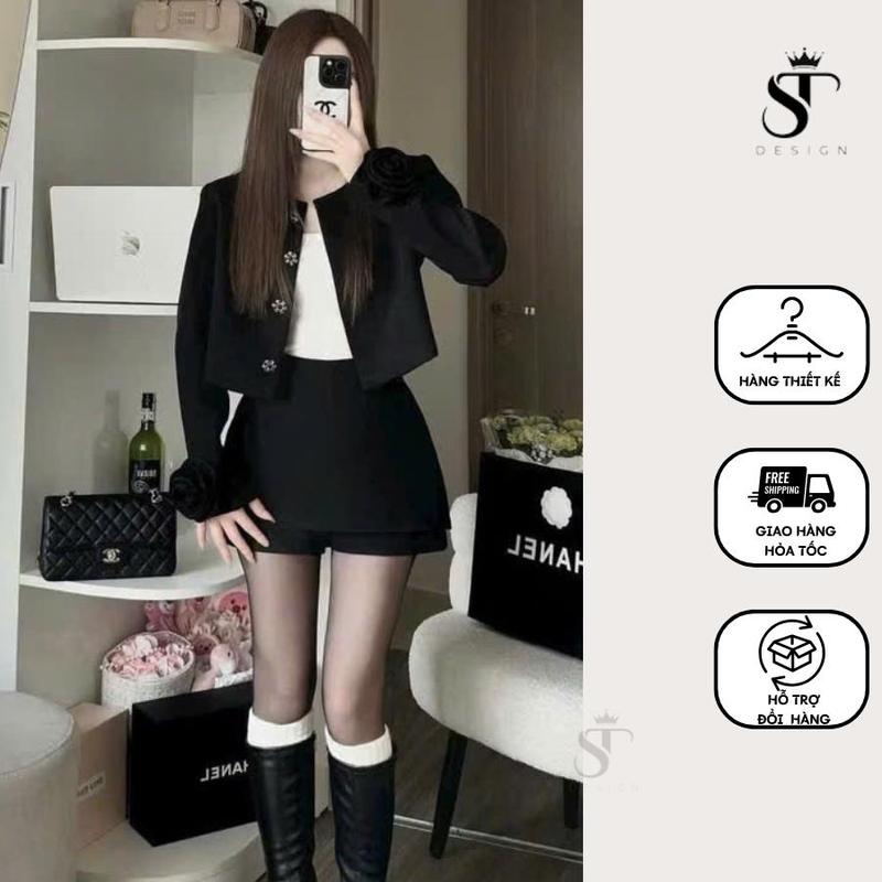 Set Bộ Vest phối tay hoa Khuy đính hoa đá + quần giả váy hàng QC 2 lớp - ST DEÉIGN - B02