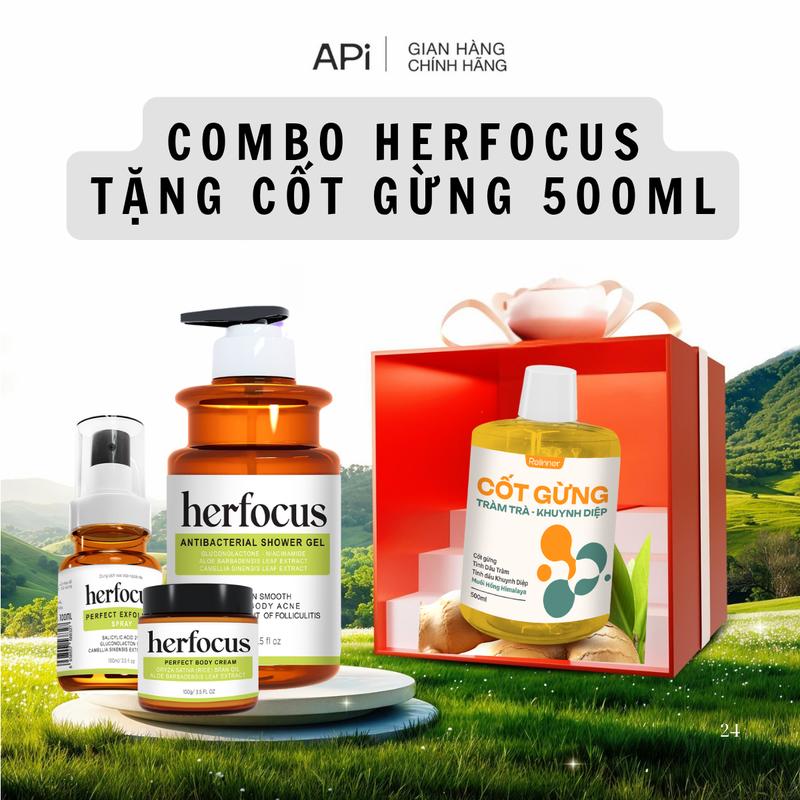 Bộ sản phẩm hỗ trợ làm dịu nang lông HERFOCUS gồm Sữa tắm Herfocus + Xịt dưỡng Herfocus+ Kem dưỡng hỗ trợ làm dịu nang lông  Kem Body K1 New