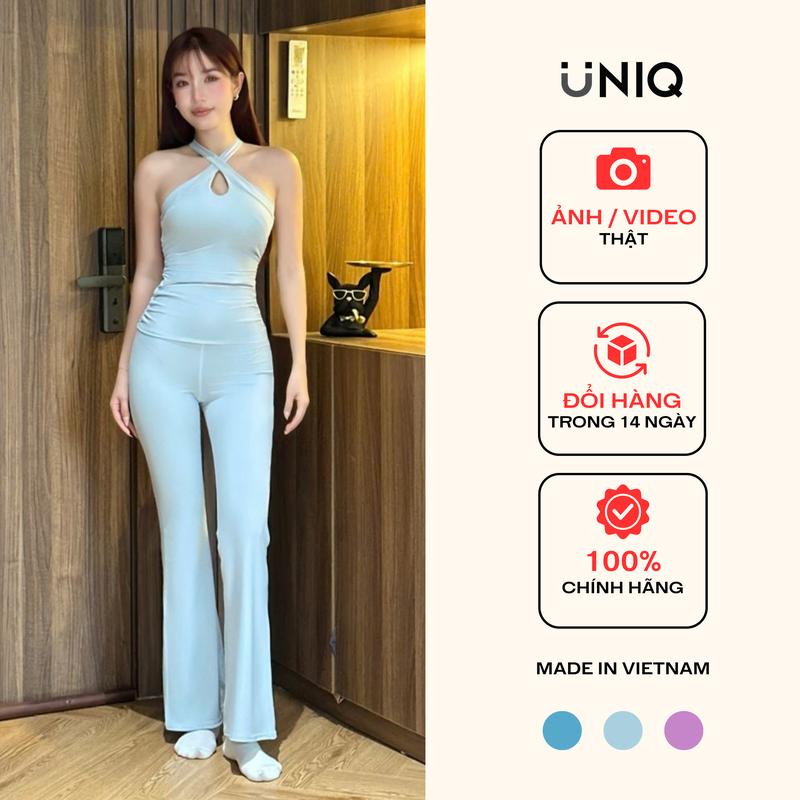 Bộ Đồ Tập Gym Yoga Nữ UNIQ Cool Peel - Áo Chéo Ngực Nhún Sườn Áo & Quần Legging Ống Loe