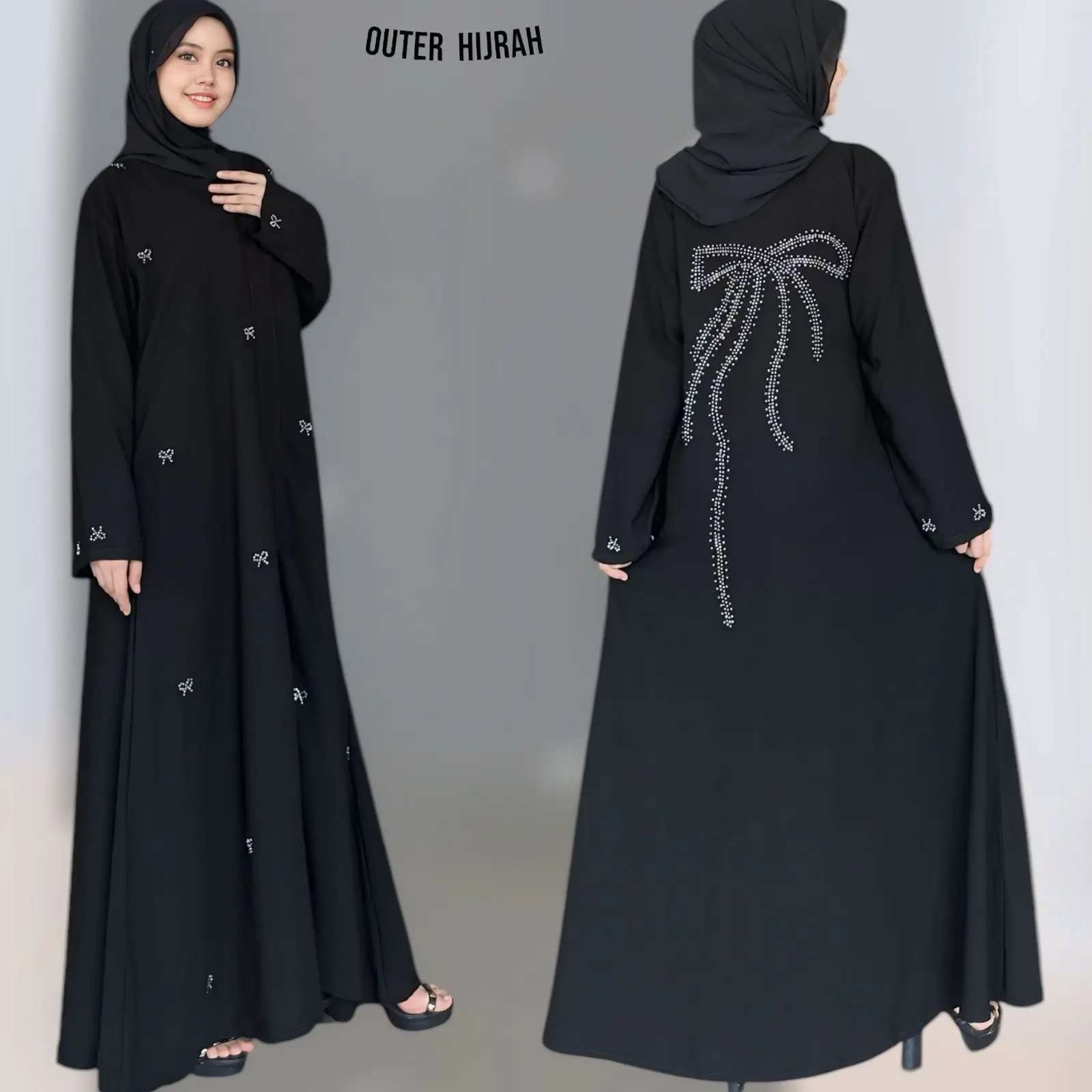 Abaya  Hijrah Dewasa Pita Manik Cantik Muslim Gamis Hitam Wanita Turki Dress Syari Arab Maxi Umroh