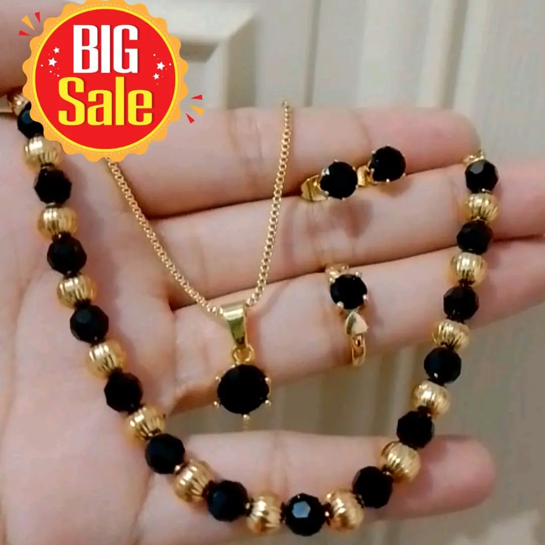 PERHIASAN SET MATA SATU LAPIS EMAS AKSESORIS WANITA HITAM FULL MR-00 Gold