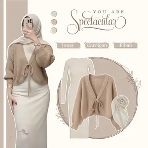 OOTD Outfit Wanita Casual Kekinian (Cardigan Rajut - Inner Dress Rib Cream - Jilbab) Setelan Korean Hijab Terbaru LO39N
