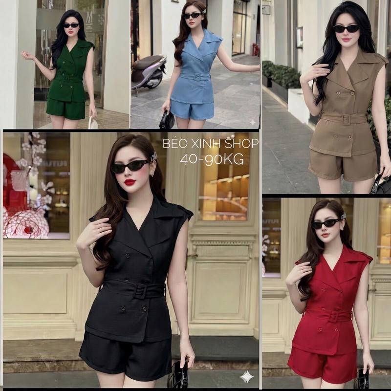 Set Quần Áo Cổ Vest Đai Eo Tay Ngắn Vải Cotton Lạnh 40 - 90Kg Nữ Top Women Xoè - A.1461
