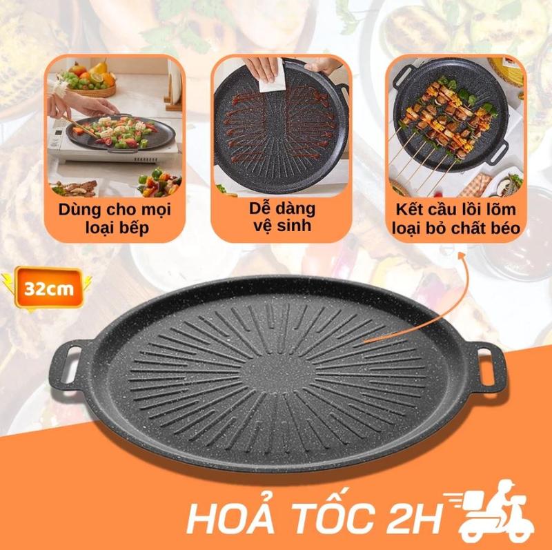 (DÙNG ĐƯỢC VỚI BẾP TỪ) Chảo đá nướng chống dính vân đá Hàn Quốc size 34cm, chảo nướng thịt BBQ