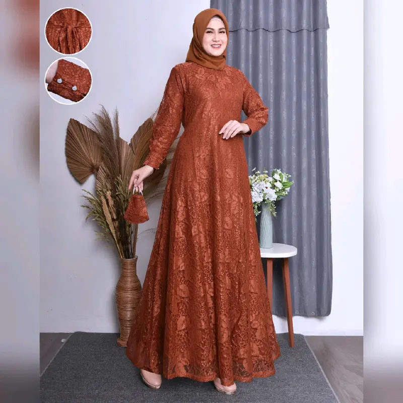 gamis brukat dress jumbo pesta ada ukuran dari m.l.xl.xxl.xxxl free masker Wanita Muslim Kondangan Lembut Tebal 2