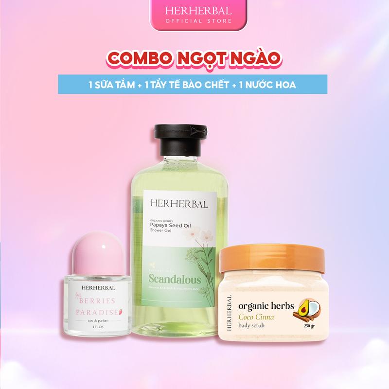 Combo Nước Hoa Nữ Herherbal 30ml Tẩy Tế Bào Chết Tẩy da chết 250g Sữa tắm Gel Tắm Hỗ Trợ Trắng Da Lưu Hương Nước Hoa 500ml