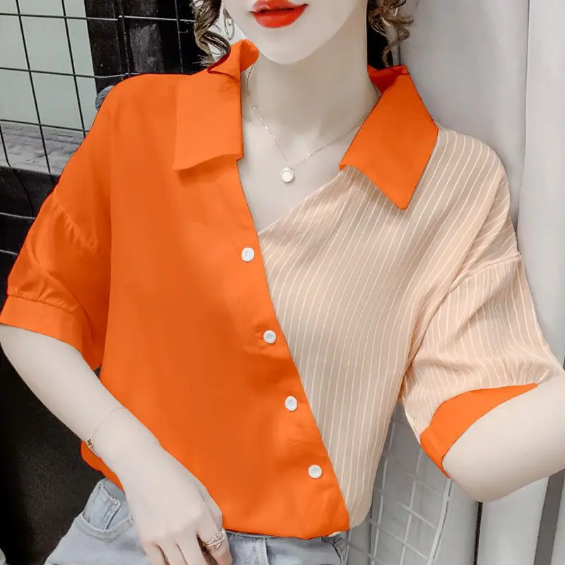 Áo Sơ Mi Voan Ngắn Tay Cho Nữ, Áo Sơ Mi Sọc Chắp Vá Thanh Lịch, Áo Dáng Rộng Giảm Béo Màu Tương Phản Mới, Mùa Xuân Và Mùa Hè