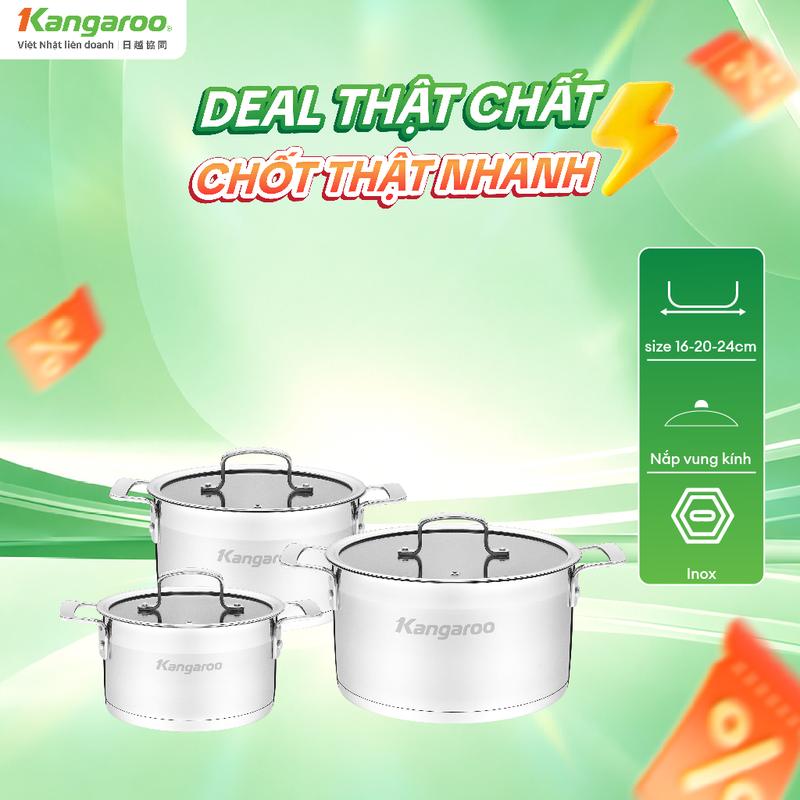 KG2IP3S5 | Bộ 3 nồi inox cao cấp đáy từ 5 lớp Kangaroo size 16-20-24cm