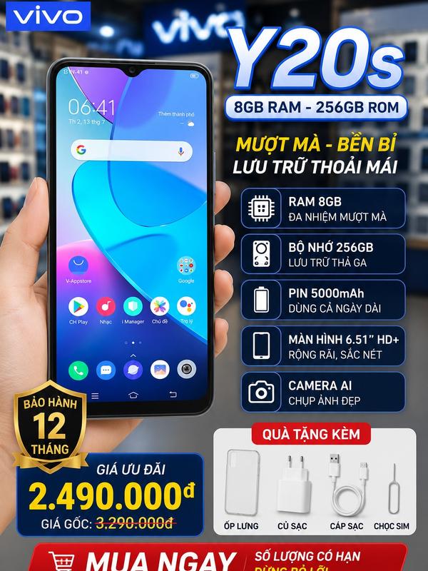 [2nd Hand] Điện Thoại Vivo Y20s 8GB/256GB Máy Đẹp,Pin 5000mAh, Màn Hình 6.51 Inch, Camera AI 3 Ống Kính, Bảo Hành 12 Tháng, Tặng Ốp Lưng Cáp Sạc Chọc SIM, Giao Toàn Quốc,