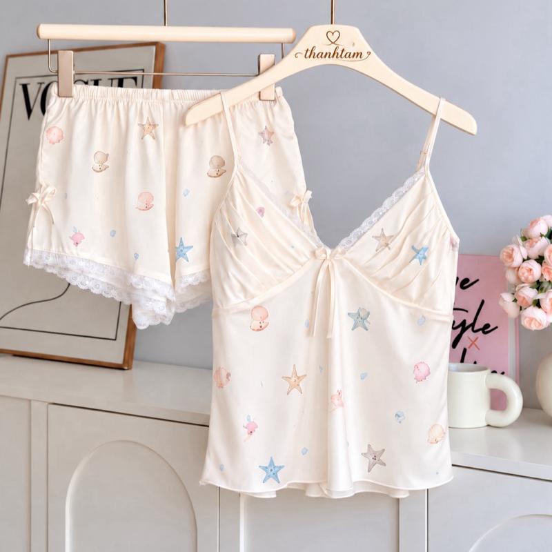 (Hàng cao cấp) sét đồ ngủ lụa latin xếp ly trước ngực hoạ tiết. Thiết kế đẹp
