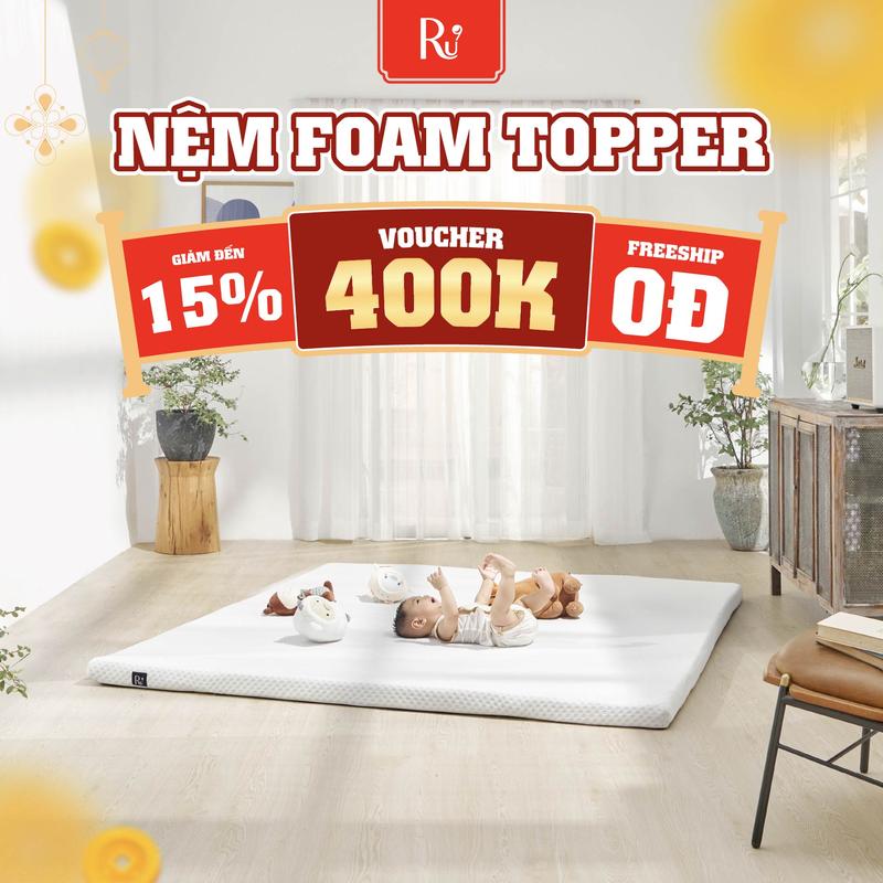 Nệm Foam Topper Ru9 Cao Cấp | 2 Lớp Foam Giúp Nâng Đỡ và Êm Ái | Dễ Dàng Di Chuyển | 7 Kích Thước