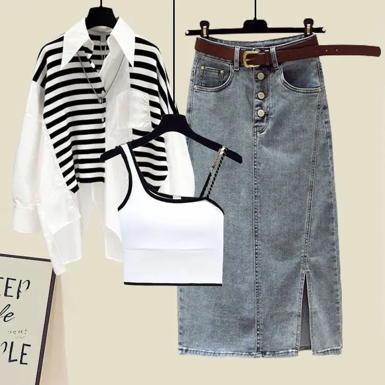 Oversized Women's Summer Set Women's 2023 New Sunscreen Shirt Covering Belly and Slim Denim Skirt Three Piece Set