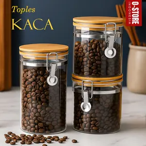 Toples Kedap Udara Toples Kaca Tutup Kayu Toples Kopi Gula Teh Coffee Canister Glass Storage Wadah Toples Arabica