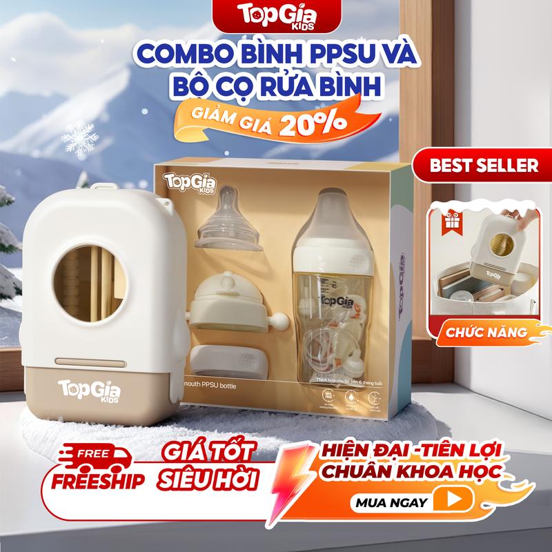   COMBO BÌNH PPSU  Bộ Cọ Rửa Bình Sữa Silicon Mềm 6 Món Chuyên Dụng An Toàn Cho Bé Sơ Sinh Với Hộp Đựng Tiện Lợi & Dây Treo Tiện Lợi 