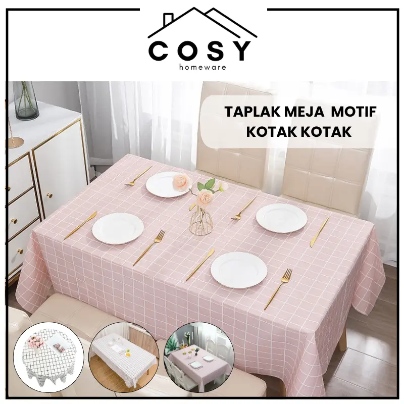 COSY Taplak Meja Anti Air Motif Kotak Kotak Bahan PEVA Ukuran 137cm x 90cm Alas Meja Serbaguna Waterproof