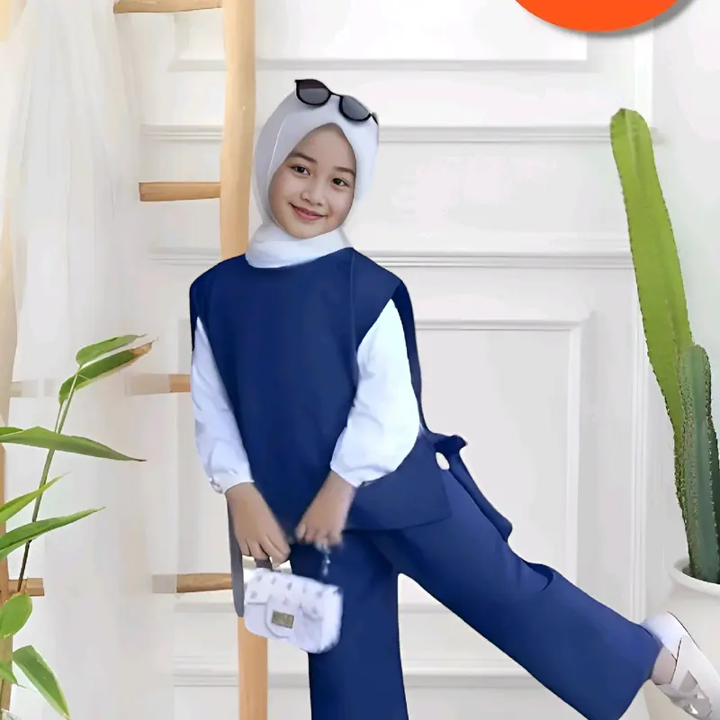 Setelan baju muslim anak perempuan/cewek viral 3-12thn-baju anak terbaru baju anak termurah Nyaman Kaos Panjang Kerudung 6