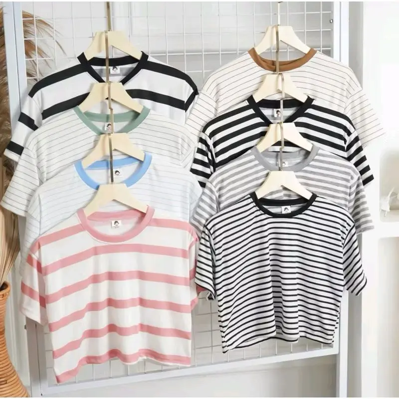 kaos cewek aesthetic | kaos oversize salur cewek, atasan cewek cute Baju Crop 1