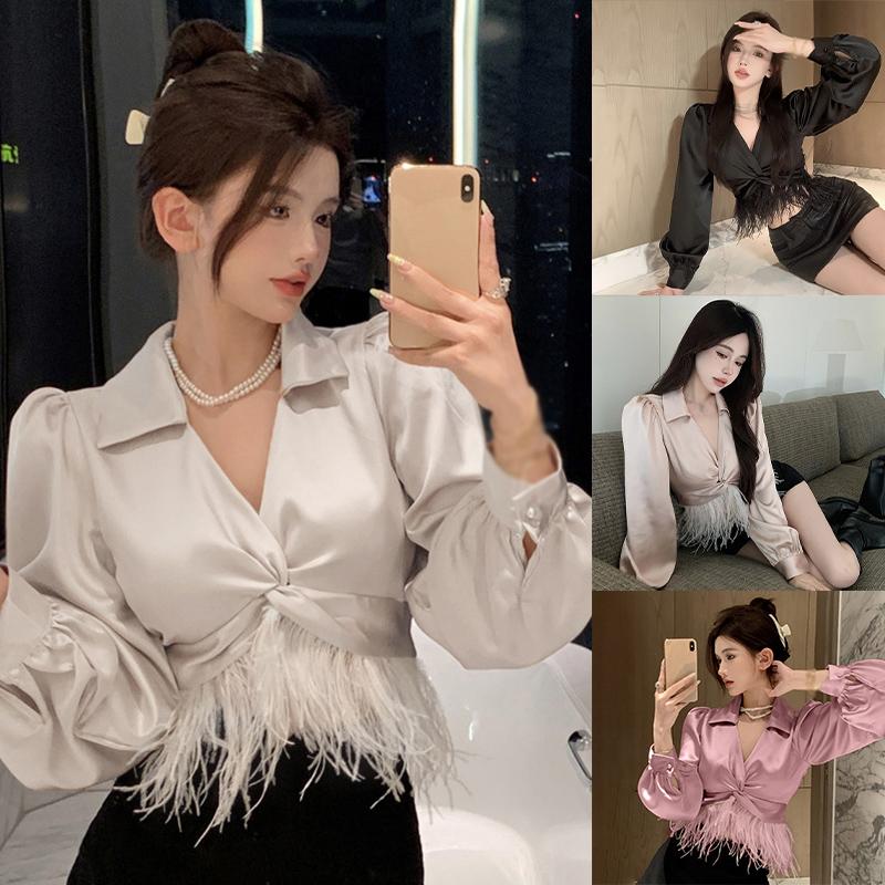 Áo Sơ Mi Lông Vũ Bề Mặt Sáng Cho Nữ, Áo Khoác Ngắn Dáng Ôm, Áo Cánh Trơn Cổ Chữ V Thường Ngày