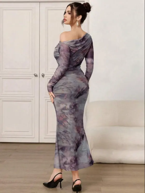 Women's All Over Print Asymmetrical  Neck  Mermaid Dress, Elegant Fashion Casual Dress for Daily Outdoor Wear, Women Dress for Spring Fall 1