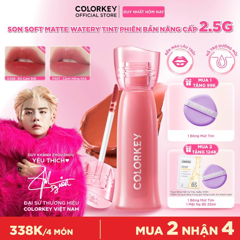 OFFICIAL Son COLORKEY Soft Matte Water Tint Phiên Bản Nâng Cấp Bền Màu Chất Son Ẩm Mịn Như Sương 2.5g