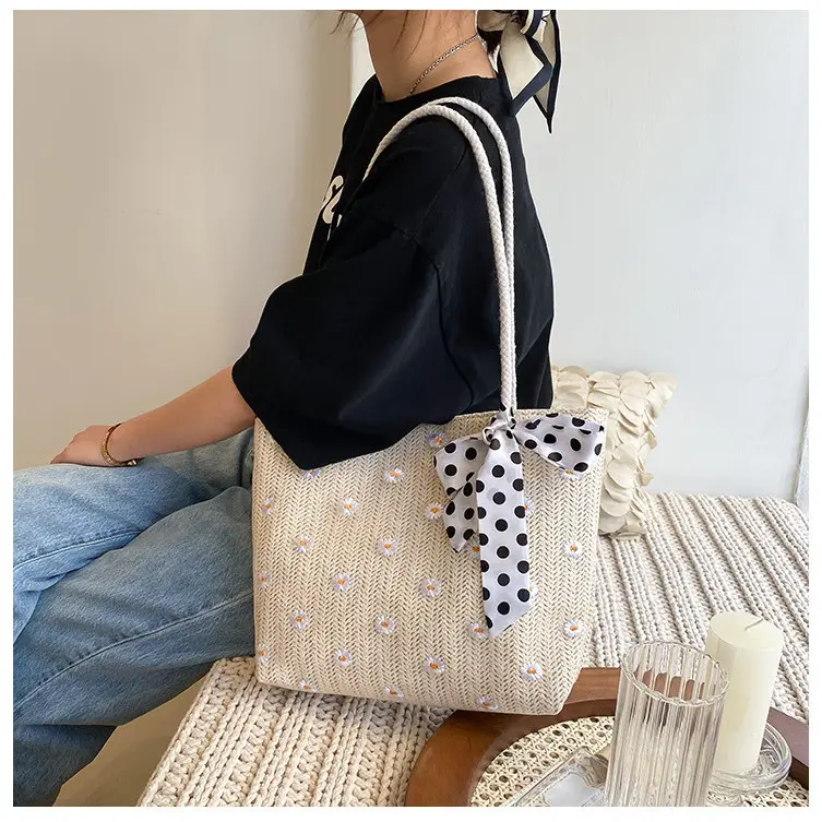 Totebag Kuliah Bahan Anyam Jerami Daisy Dengan Syal Polka Koreain Style Import - BAO158 Anyaman Wanita 5