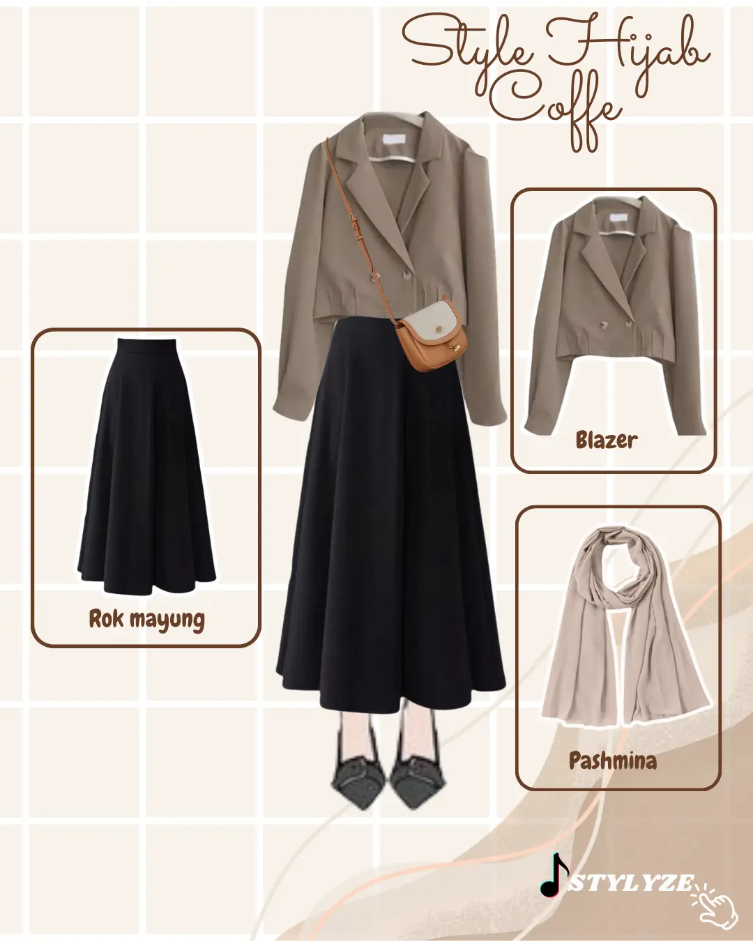 One Set 3 in 1 Style Hijab Coffe Pashmina - Blazer - Rok mayung Ootd Cewek Remaja Modis Elegan SZ7 Korean Style
