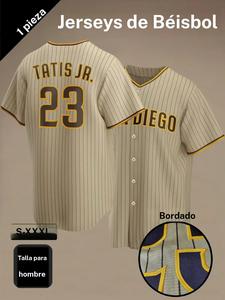 Camiseta de béisbol clásica a rayas #23 para hombre, con bordado “San Diego”, manga corta y cuello en V, cómoda y transpirable, tipo camisa con botones, adecuada para deportes al aire libre y juegos, estilo callejero hip hop para hombres y mujeres