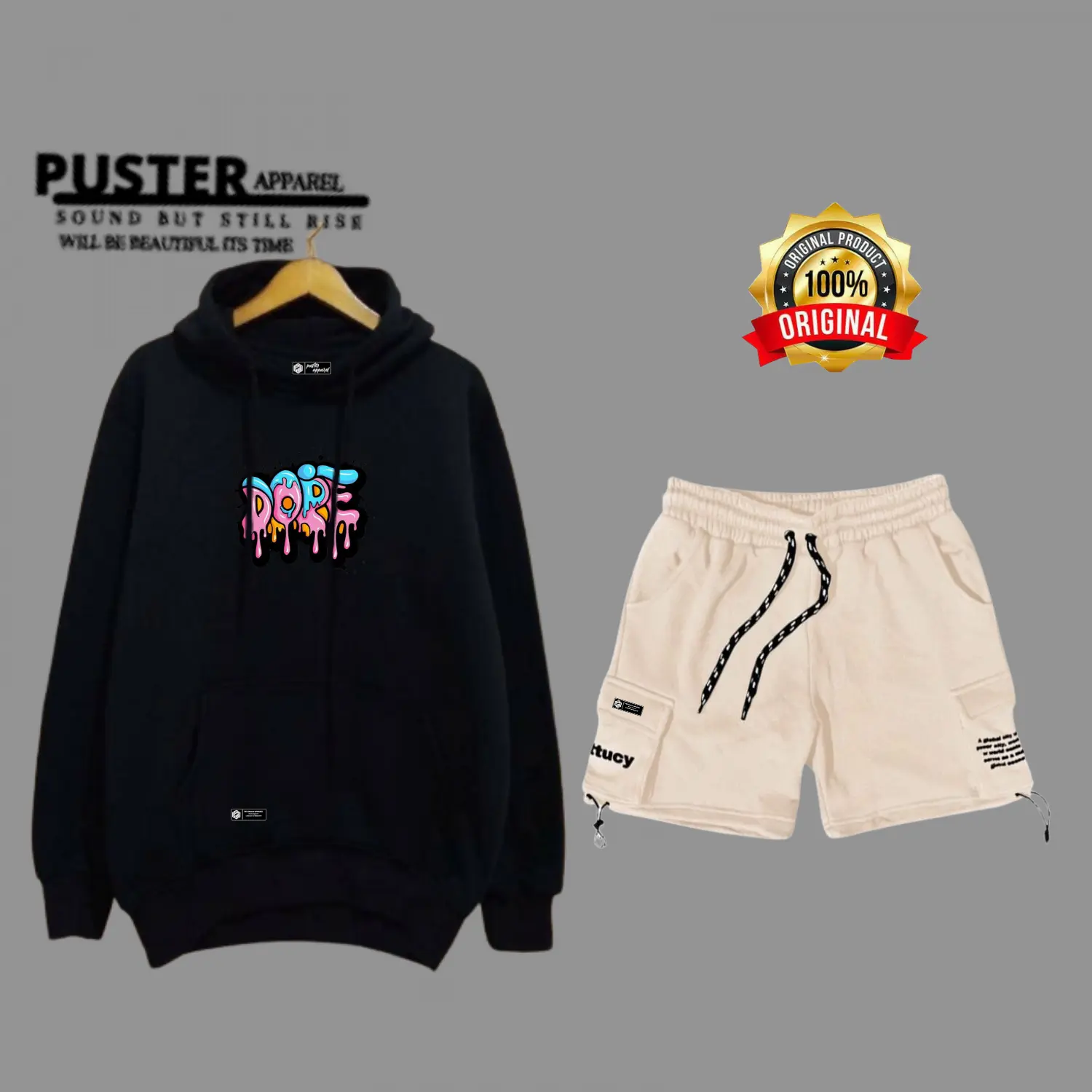 Oneset Hoodie Celana Pendek Pria Wanita Distro Stelan Sweater Celana Cargo Bahan Flece Brend Puster Apparel Size M L XL XXL Setelan Hitam Polos Dewasa Katun Crewneck