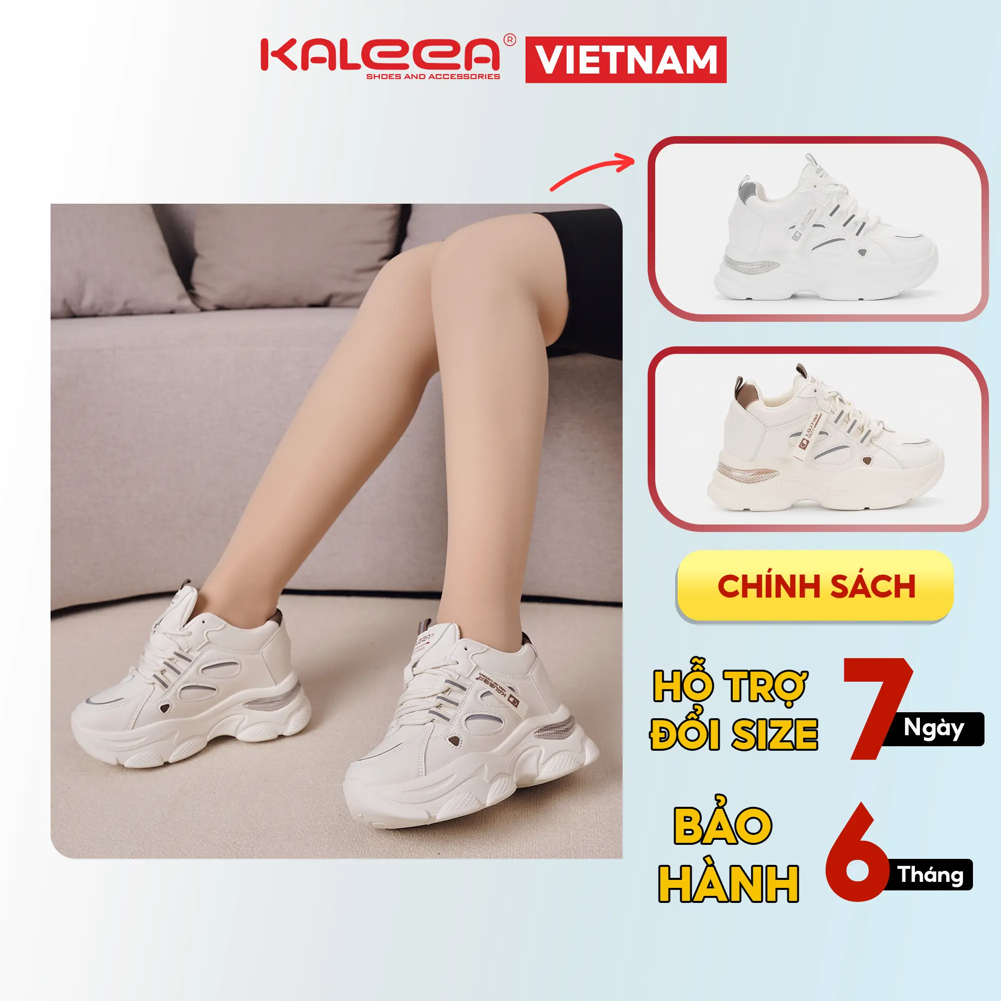 KALEEA T111 - [+1 size] Giày Thể Thao Độn Đế Nữ Tăng Chiều Cao Chất Da Mềm Đi Êm Đế Cao 8p