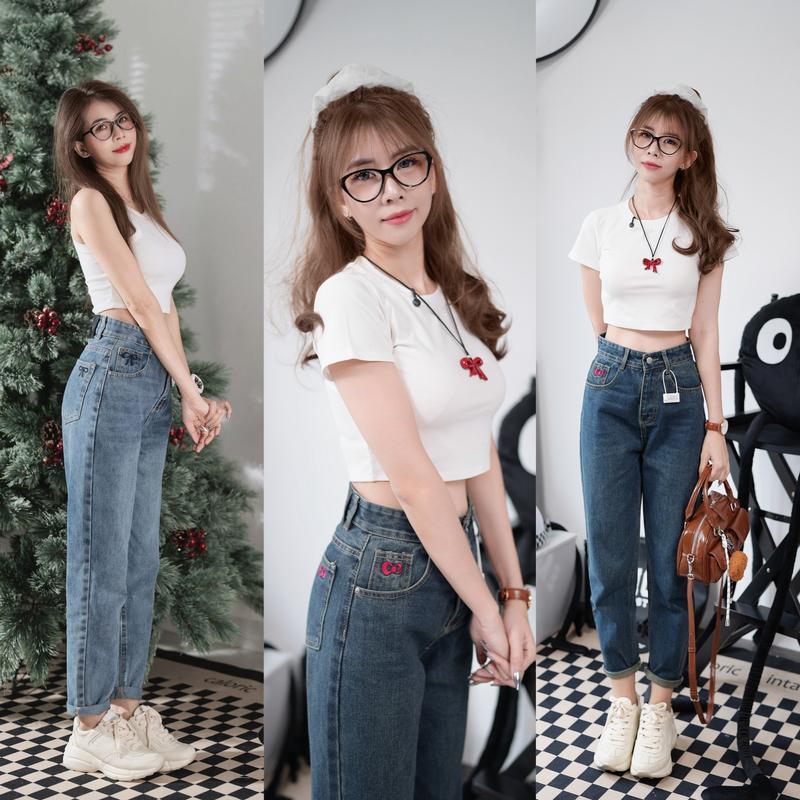 Quần Baggy Jean Nữ Kiểu Dáng Trơn Thêu Nơ Lưng Cao Vải Không Co Giãn Chất Mềm