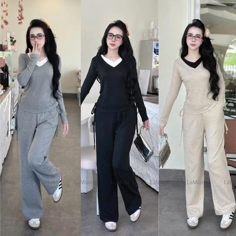 LA MIAN - Set Bộ Quần Áo Phối Cổ Tim Chất Len Lông Thỏ Có Dây Thắt Eo 2 Bên Quần Xuông Form Vừa Ấm Áp Mặc Ở Nhà Đi Chơi Phong Cách Thời Trang