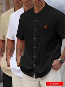 Paquete de 3 camisas casuales para hombre talla grande con cuello alto y manga corta, tops abotonados de verano con textura suelta, cómodas para uso diario