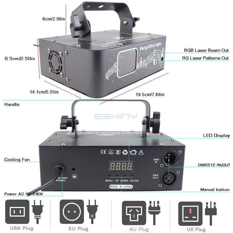 Product Introduction of ESHINY 800mW 2in1 RGB Laser Beam RG 64 Patterns Stage Disco Light DJ Scanner DMX512 Dance Bar Party Holiday Christmas Colorfull Effect System Show X4 35