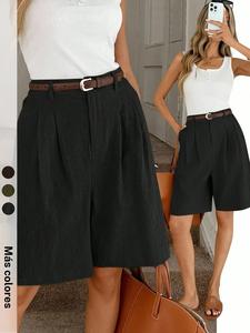 1 pieza: bermudas de cintura alta con pliegues y pierna ancha (cinturón no incluido); bermudas casuales para el trabajo con pierna recta