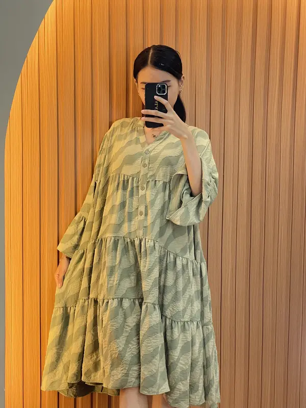 [NEW] Salattire Flora Midi Dress | Midi Dress Over Size Rayon Jaquat Motif Ombak Lengan Panjang Bordir Bunga Busui Cantik Gaun Ibu Katun Nyaman 1