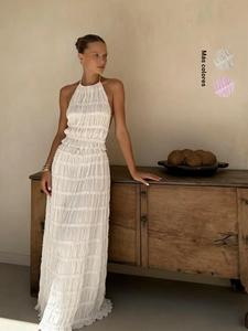 Conjunto elegante de moda: top sin espalda con lazo y falda larga de encaje, para mujer en verano, estiloso y cómodo