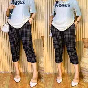 Celana 3/4 Crepe Melar Motif Kotak Lipit Tengah Bahan Crepe Melar Nyaman