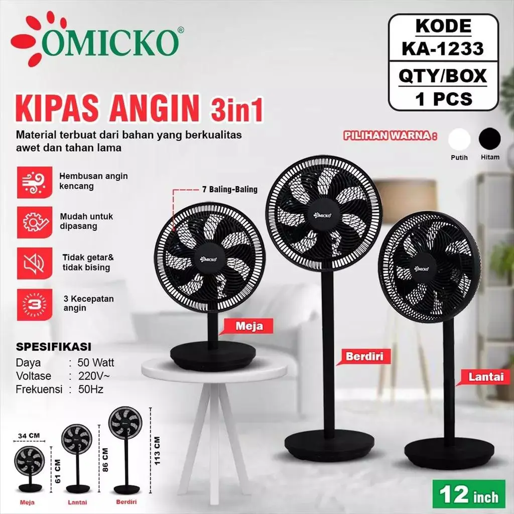 COD Omicko 3 in 1 Stand Fan 12 Inch KA 1233 Kipas Angin Berdiri 12 Inch Minimalis Low Watt