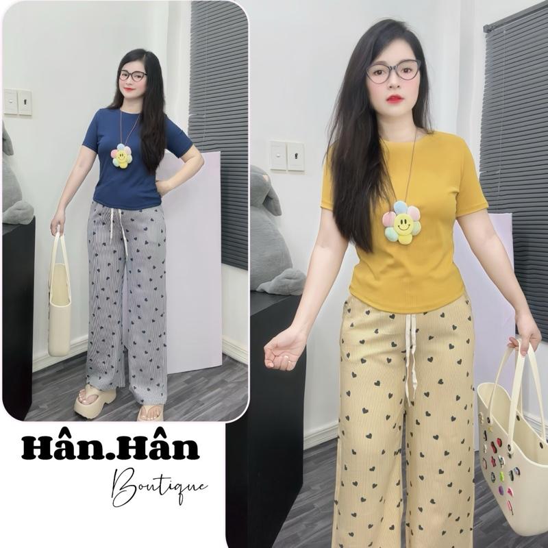 D36 Bộ Thun Tăm Lạnh+Quần Ống Suông Đũi Sọc Mặc Xinh sz M-L. Dài Quần 95cm