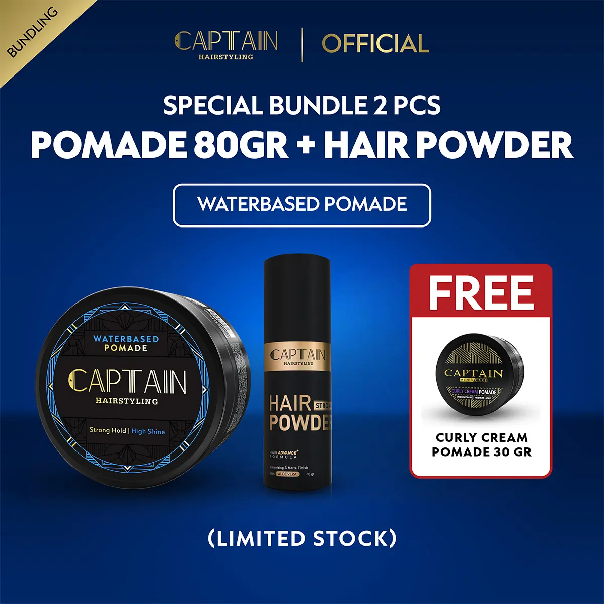 Captain Hairstyling Water Based Pomade 80gr dan Hair Powder 10gr Paket Minyak Rambut Pria Halal Klimis Tahan Seharian
