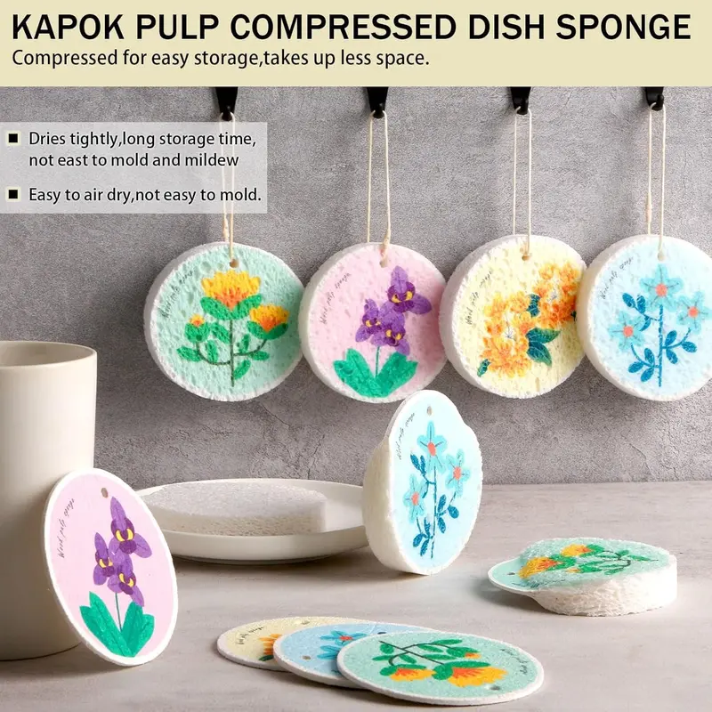 Miếng Bọt Biển Rửa Chén, 10 Gói, Miếng Bọt Biển Xenlulo Nén, Chống Trầy Xước, Tự Nhiên, Thích Hợp Để Vệ Sinh Nhà Bếp, Cho Bát Đĩa, Chảo, Nồi, v.v.In hình 4