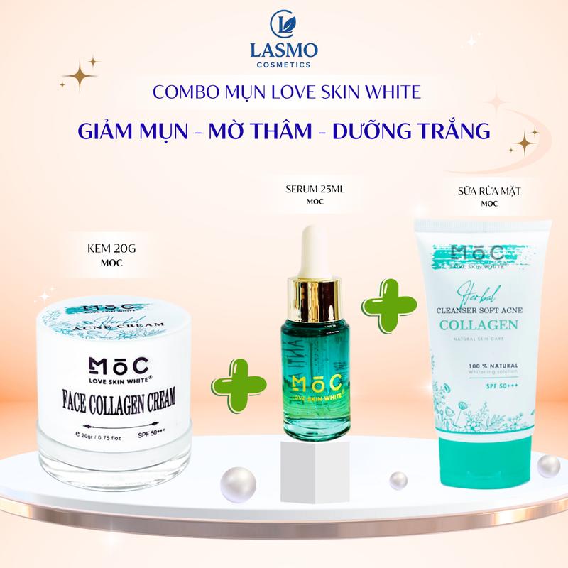 Combo Giảm Mụn - Mờ Thâm - Sáng Da MOC Love Skin White - Chăm Sóc Da Mụn- Kem 20g Serum25ml SRM80ML trị thâmmụn