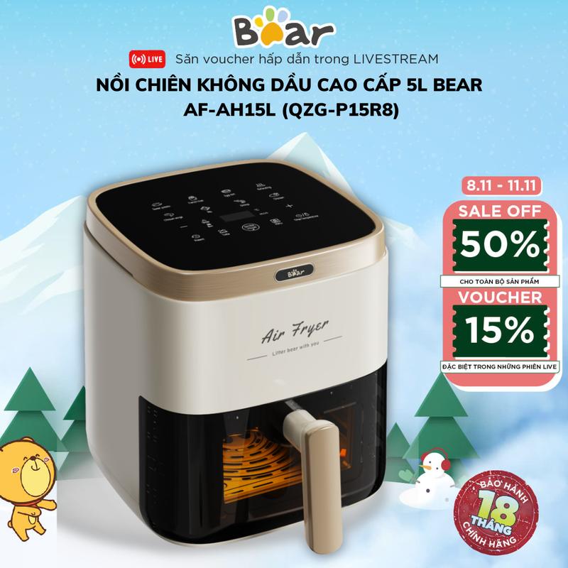   Bản Tiếng Việt  Nồi Chiên Không Dầu Bear AF-4H15L Công Suất 1500W Dung Tích 5L 8 Món Cài Đặt Sẵn Bảng Điều Khuyển Cảm Ứng Thông Minh Tiện Lợi Chiên Nướng Hơi Nước Được Sử Dụng Chiên Nướng Các Loại Thực Phẩm Bảo Hành 18 Tháng 